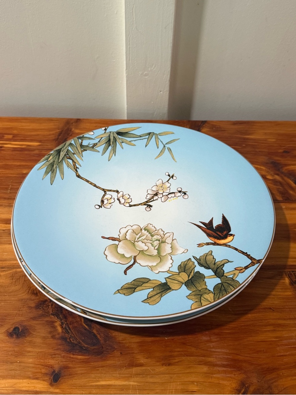 Pier 1 One Chinoiserie Dinner Plate Stoneware Flower Bird Branch Set of 2